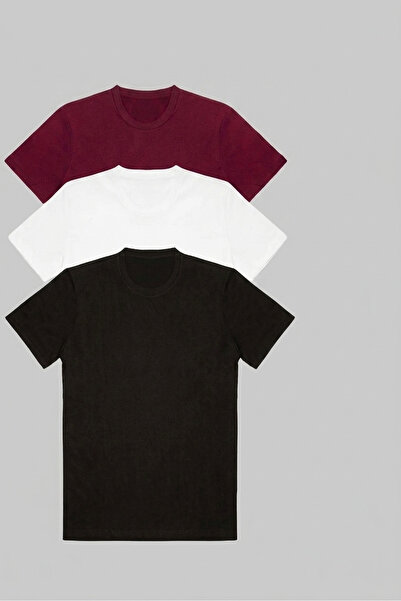 LePold Erkek Siyah Beyaz Siyah Bordo %100 Pamuklu 3 Lü T-shirt Paketi
