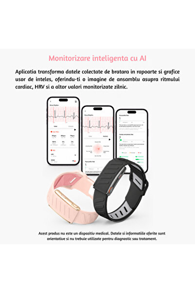 Lommad Bratara Smart Lommad® fara ecran, dama, EKG, Puls, Oxigen sange, Temperatura, Acid uric, Compozitie corporala, Somn, IP68, autonomie pana la 15 zile, Aurie + CADOU bratara roz