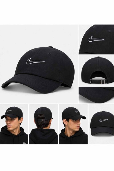 Nike Unisex Black Hat Adjustable Sports Hat White Embroidered Logo Casual Bas...