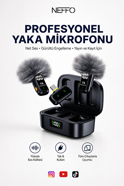 NEFFO Kablosuz Yaka Mikrofonu Type-C Şarjlı Gürültü Engellemeli Çift Mikrofon...