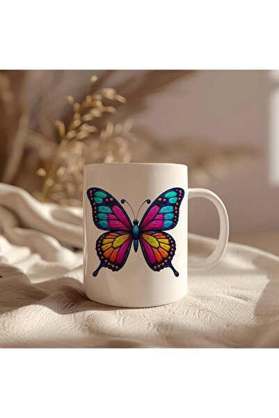 BB TRADE White Ceramic Printed Mug with Colorful Butterfly Design 330ml
