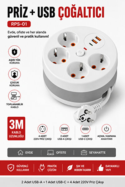 TECHNOMEN 4 Prizli Uzatma Kablosu 3 USB Girişli Sarılabilir Makaralı Uzatma P...