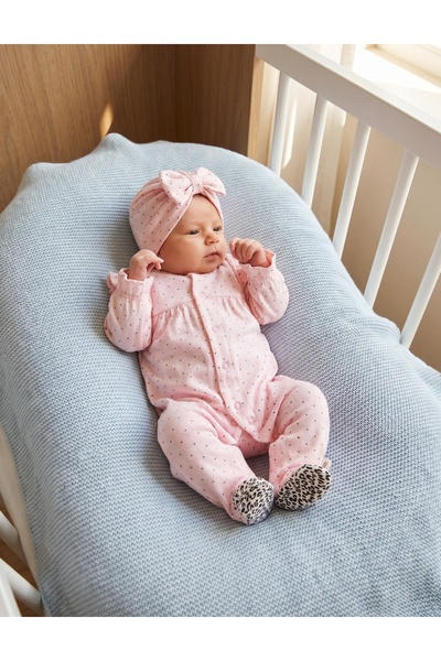 MiniKids Salopeta cu botosei si turban buline, roz