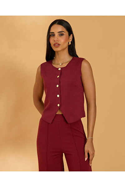 REDTAG Women Burgundy threadbare ribbed knitted waistcoat with Gold Buttons
