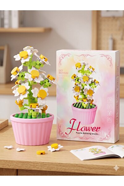 Arvela Mini Çiçek Yapım Blokları - DIY Beyaz Papatya Ağacı Pembe Saksı Çiçeği