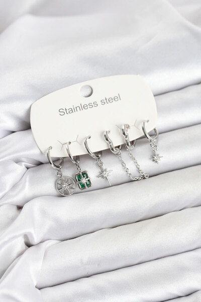 callerrons accessories طقم أقراط نسائية بسلسلة من حجر الزركون الفضي اللون وتف...
