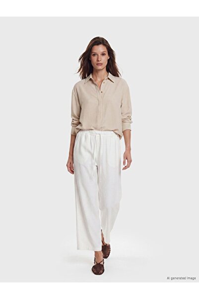 LC Waikiki Lcw Modest White Elastic Waist Linen Blend Women's Trousers