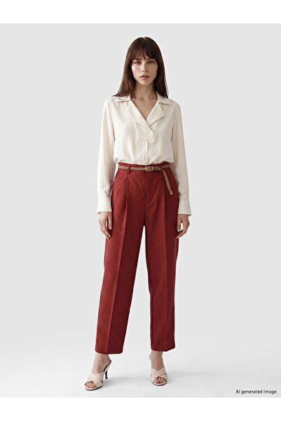 LC Waikiki Lcw Vision Burgundy Belted Carrot Cut Women's Fabric Trousers