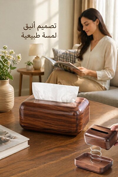 Generic غطاء علبة مناديل خشبي بنقشة الخشب مع قاعدة قابلة للفصل لتزيين الطاولة