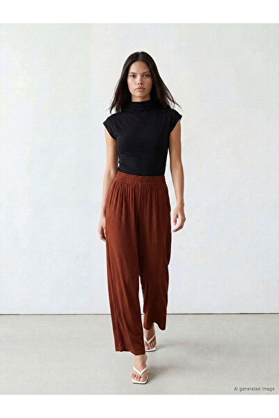 LC Waikiki Lcw Modest Brown Elastic Waist Wide Leg Women's Trousers