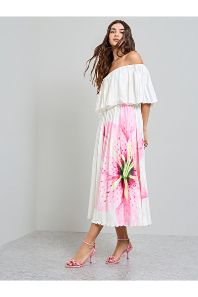 Styli White Floral Off Shoulder A-Line Midi Dress