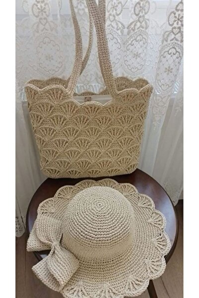ARTTMACRAME مجموعة قبعة وحقيبة من القش |   مجموعة إكسسوارات نسائية لحقيبة الش...