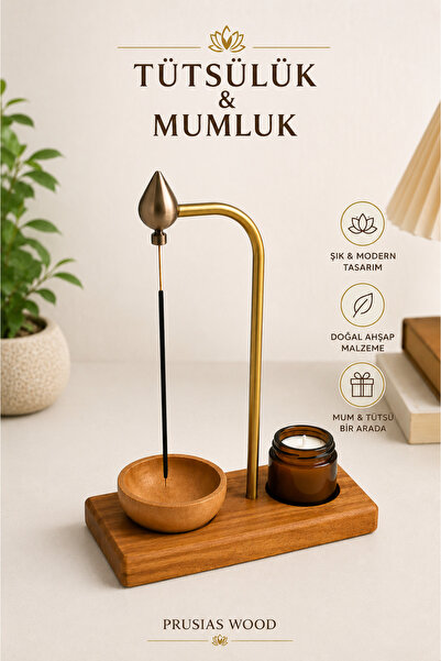 Prusias Wood Ahşap Tütsülük & Mumluk - Doğal Ahşap Dekoratif Çubuk Tütsü Stan...