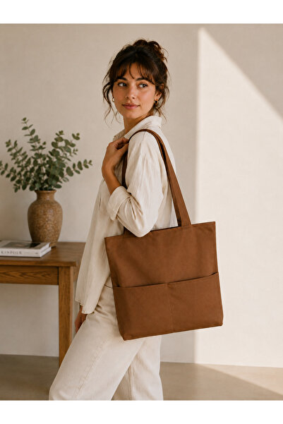 İKStore Women's Brown Zippered Hand and Shoulder Bag Fabric Tote Bag Canvas B...