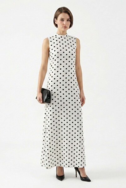 penyebizden Polka Dot High Neck Maxi Dress-White