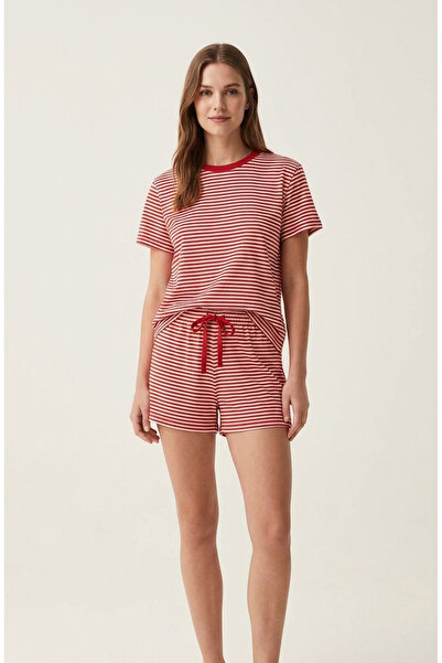 BLOUSE Kırmızı Beyaz Çizgili Kısa Kollu Şort Takım