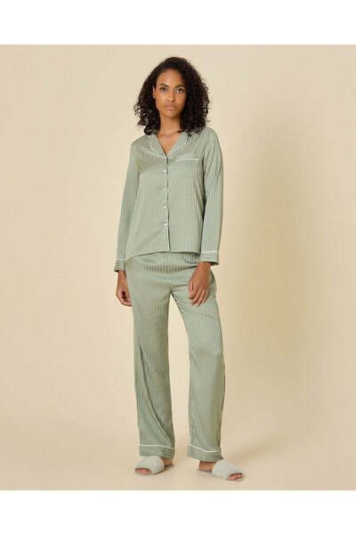 REDTAG Women Green Striped Satin Long Sleeve Pajama Set