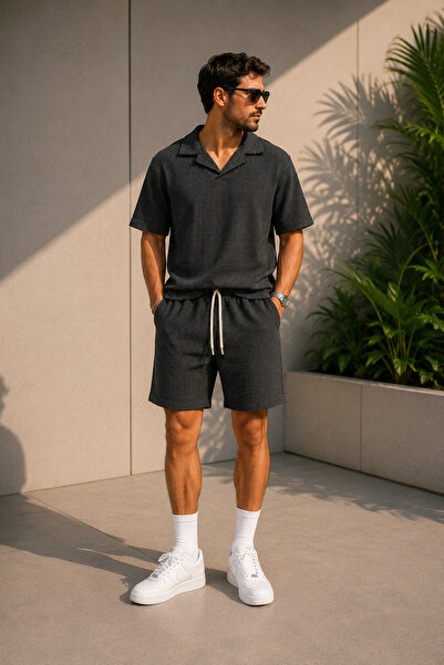 luci sports Men's Set Pitircik Fabric Cuban Collar T-Shirt & Shorts