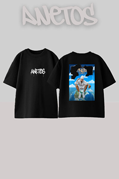 Anetos Μαύρο μπλουζάκι με στάμπα Shanti Rapper Design σε μεγάλο μέγεθος