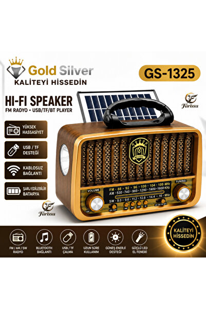 farissu GS-1325 Nostaljik Radyo Güneş Enerjili Bluetooth Hoparlör USB/TF Kart...