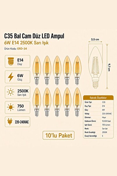 Heka C35 Bal Düz LED Ampul 6W E14 2500K Sarı Işık ERD-34 10'lu