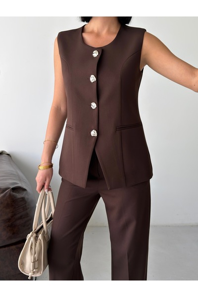 Bukamiss Vestă cu nasturi aurii pentru femei, pantaloni, set din două piese - maro amar