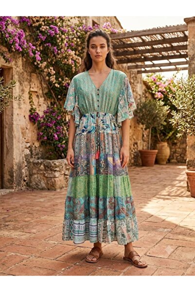 AYASOFYA OTANTIK Women's Indian Ethnic Patterned Silk Dress