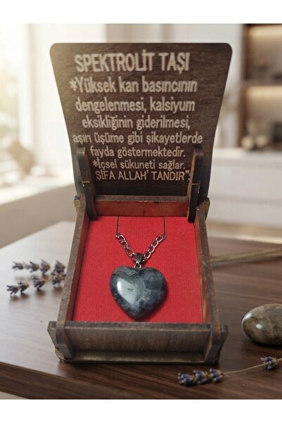 Meneva Aksesuar Spectrolite Stone Natural Stone Heart Model Necklace with Woo...