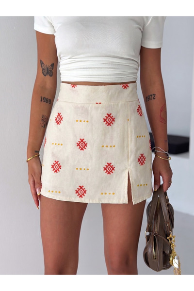 SLAW REZZ Women's Cream Ethnic Embroidered Linen Zipper Mini Shorts Skirt Sli...