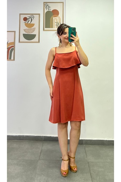 bydenizcollection Dress with Adjustable Straps and Flounce Collar and Stitchi...