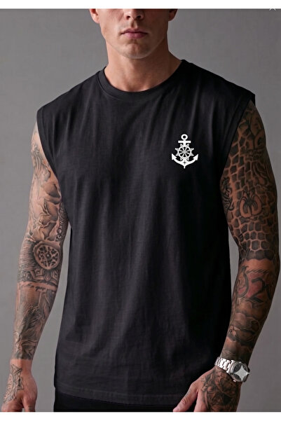 BUWOM Men's Ship's Anchor Printed Zero Sleeve Bisilet Collar T-Shirt