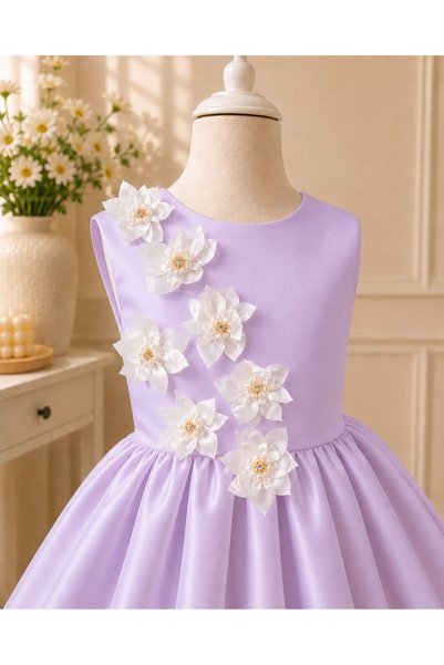 MUSGEM Special Design Lilya Model Lilac Color Sleeveless Flower Accessory Detailed Girls' Evening Dress