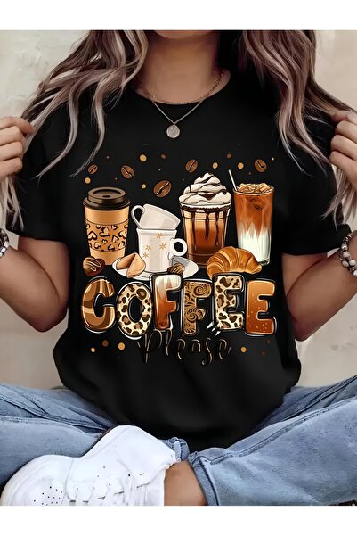 2mcup تي شيرت نسائي بتصميم القهوة - طباعة حبوب القهوة والكوب، قميص برقبة دائر...