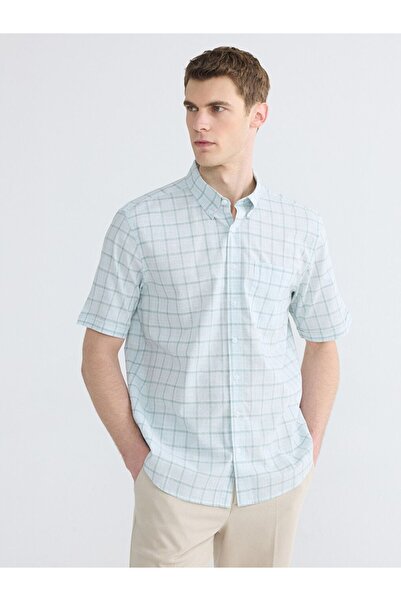 LC Waikiki Lcwaikiki Classic Turquoise Regular Fit Checkered Short Sleeve Men...