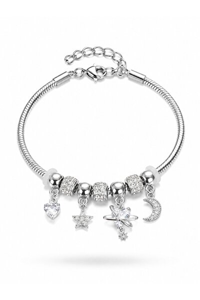 serelya Brass Silver Color Heart Model Charm Women's Bracelet