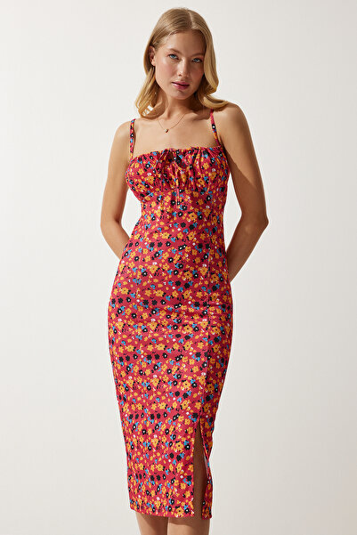 Lovelyİstanbul Καλοκαιρινό πλεκτό φόρεμα με φλοράλ σχέδια και σκίσιμο LCI0003...