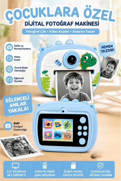 Toyaş Dinozor Temalı Çocuk Dijital Fotoğraf Makinesi Termal Baskılı Kamera Se...