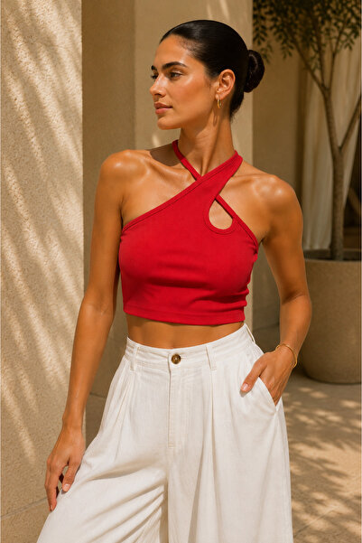 QUHOX Women's Red Cross Halter Neckline Drop Detail Ribbed Crop Top