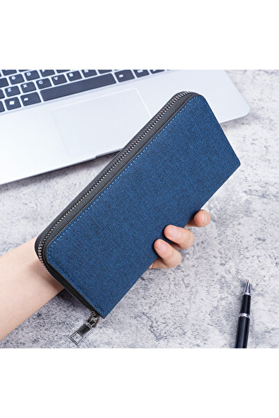 Choice Blue New Men's Long Canvas Wallet - Large Capacity Zipper Clutch, Mult...