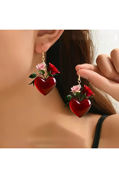 Choice WC4246-1 Elegant Valentine's Day Heart-shaped Earrings Sweet Red Rose ...