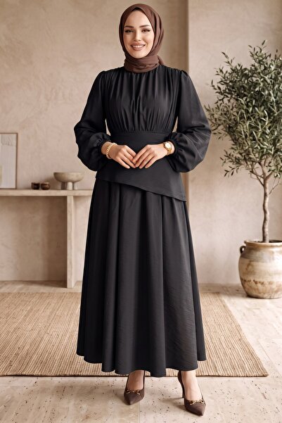 hadiora Drawstring Asymmetrical Layered Detailed Hijab Dress - Balloon Sleeve...