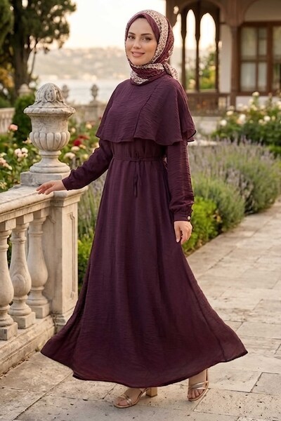 TOFİSA Shoulder Cape Dress Mürdüm - 28525-Murdum