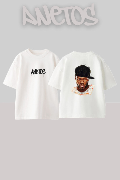 Anetos تي شيرت أبيض كبير الحجم مطبوع بتصميم 50 Cent_64