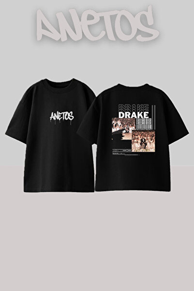 Anetos Drake Falling Back Design Printed Oversize Black T-Shirt