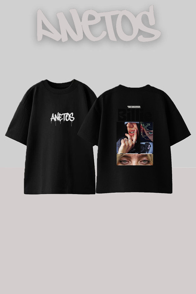 Anetos تي شيرت أسود كبير الحجم مطبوع بتصميم Billie Eilish_153