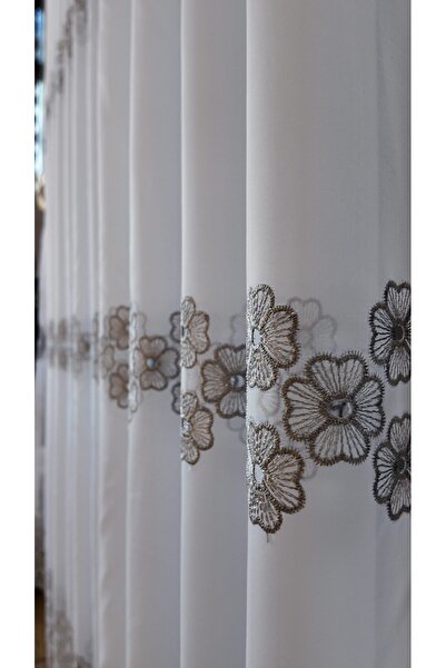 Arasya Home Design Perdea din Mătase Albă cu Broderie Gri