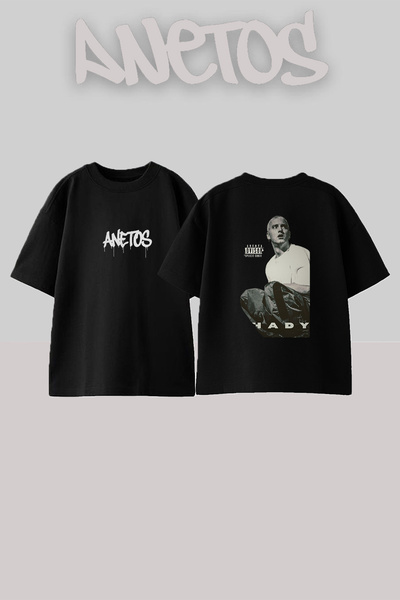 Anetos Slim Shady_11 Σχεδιαστικό εμπριμέ μπλουζάκι σε μεγάλο μέγεθος, μαύρο