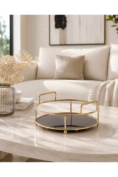 mba decor metal bending art Gold Siyah Kulplu Yuvarlak Dekoratif Tepsi 25 cm, Kulplu Sunum ve Düzenleme Tepsisi