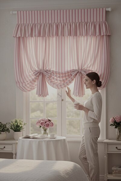 shules collection Tie-Detail Pink Striped Buldan Linen Retro Drapery Curtain ...
