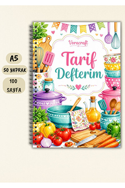 VORACRAFT Yemek Tarif Defteri, 50 Yaprak /100 Sayfa, A5 / Tel Spiral TRF0027